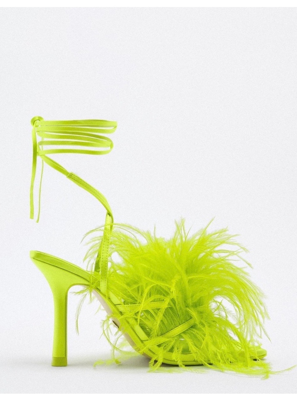Zara Neon Lime Feather Ankle-Tie Stiletto Sandal high heel
